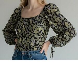 Free People Bodysuit Women XS‎ Navy Blue Sundown Paisley Boho Peasant Festival